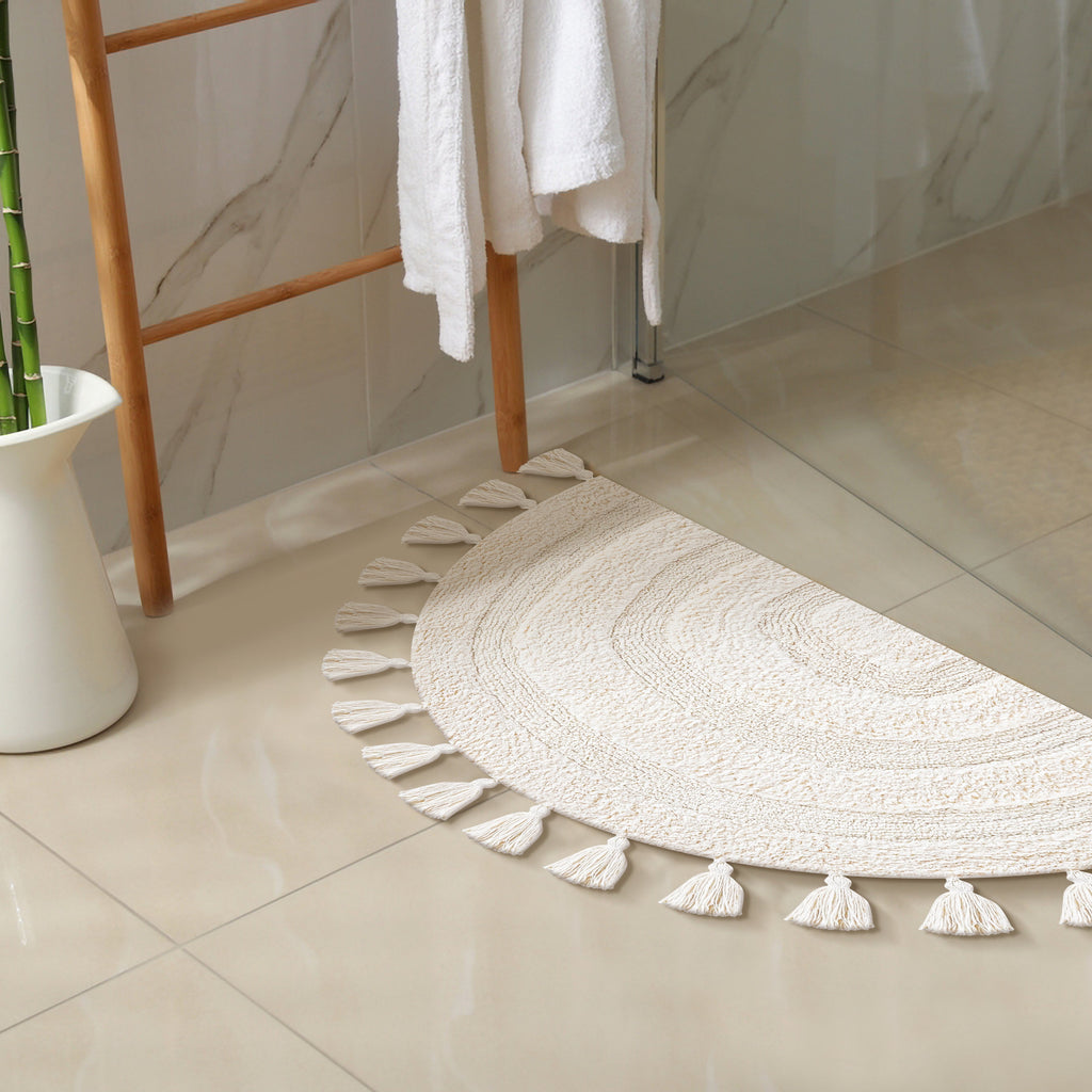 Half Circle Bohemian Bathroom Rug with Handwoven Crochet Border, 22X42 Inches, Ivory, Beautifully Handcrafted 100% Cotton Mat, Round Boho Bedroom Rug, Boho Bathroom Décor, Machine Washable
