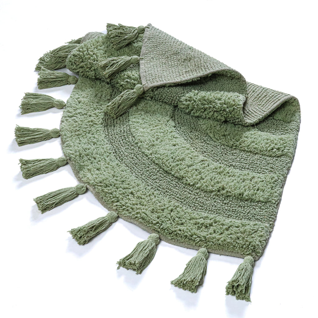 Half Circle Bohemian Bathroom Rug with Handwoven Crochet Border, 22X42 Inches, Green, Beautifully Handcrafted 100% Cotton Mat, Round Boho Bedroom Rug, Boho Bathroom Décor, Machine Washable