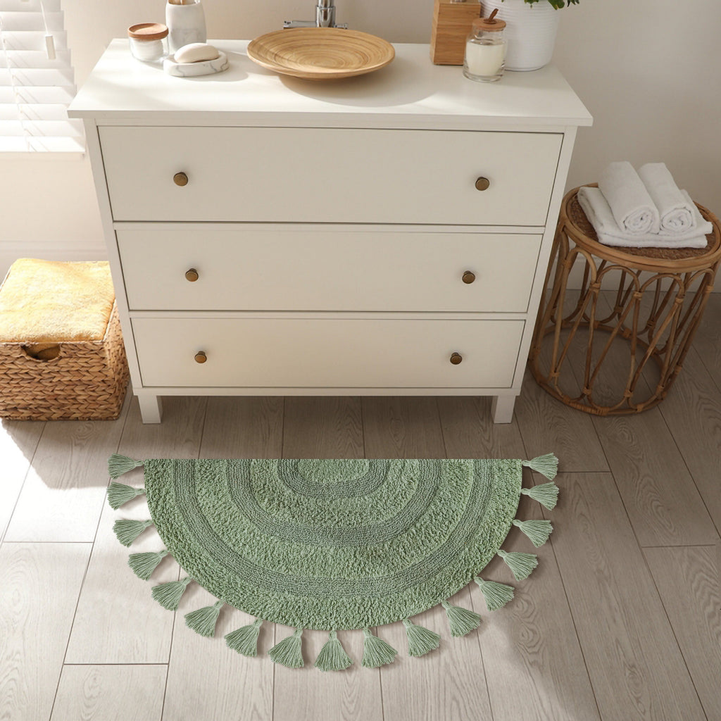 Half Circle Bohemian Bathroom Rug with Handwoven Crochet Border, 22X42 Inches, Green, Beautifully Handcrafted 100% Cotton Mat, Round Boho Bedroom Rug, Boho Bathroom Décor, Machine Washable