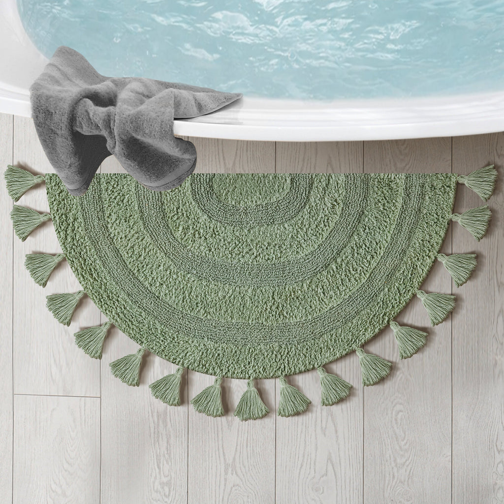 Half Circle Bohemian Bathroom Rug with Handwoven Crochet Border, 22X42 Inches, Green, Beautifully Handcrafted 100% Cotton Mat, Round Boho Bedroom Rug, Boho Bathroom Décor, Machine Washable