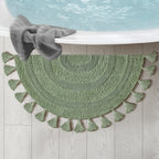 Half Circle Bohemian Bathroom Rug with Handwoven Crochet Border, 22X42 Inches, Green, Beautifully Handcrafted 100% Cotton Mat, Round Boho Bedroom Rug, Boho Bathroom Décor, Machine Washable