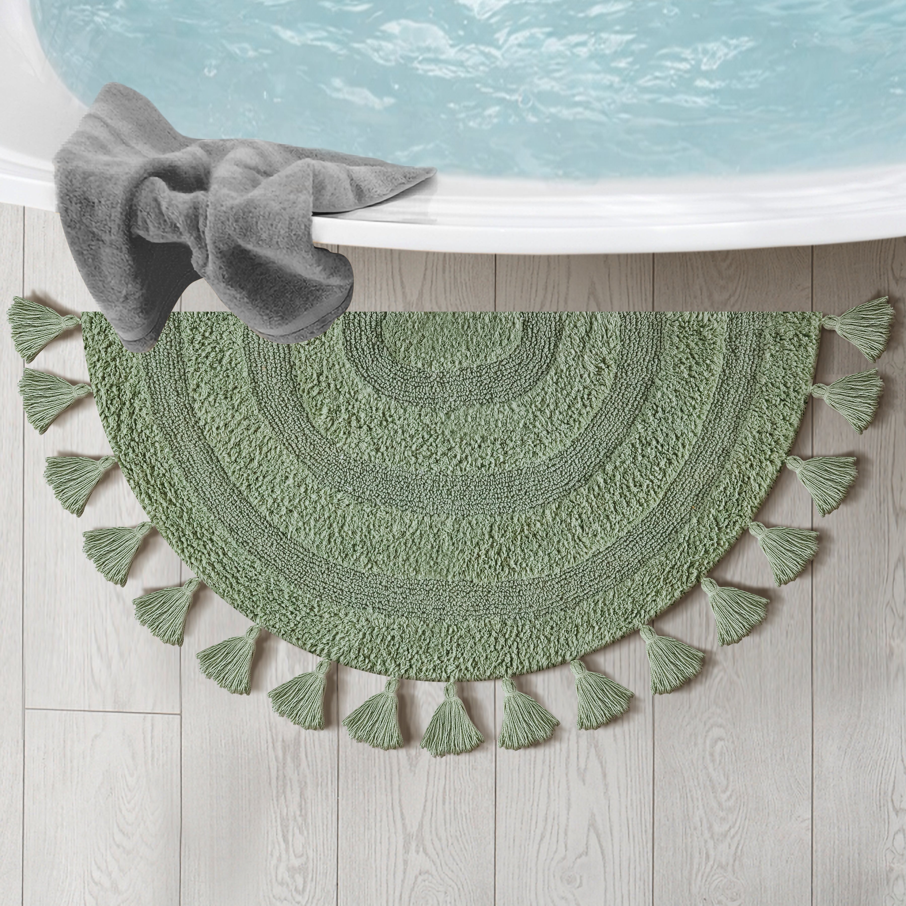 Half Circle Bohemian Bathroom Rug with Handwoven Crochet Border, 22X42 Inches, Green, Beautifully Handcrafted 100% Cotton Mat, Round Boho Bedroom Rug, Boho Bathroom Décor, Machine Washable