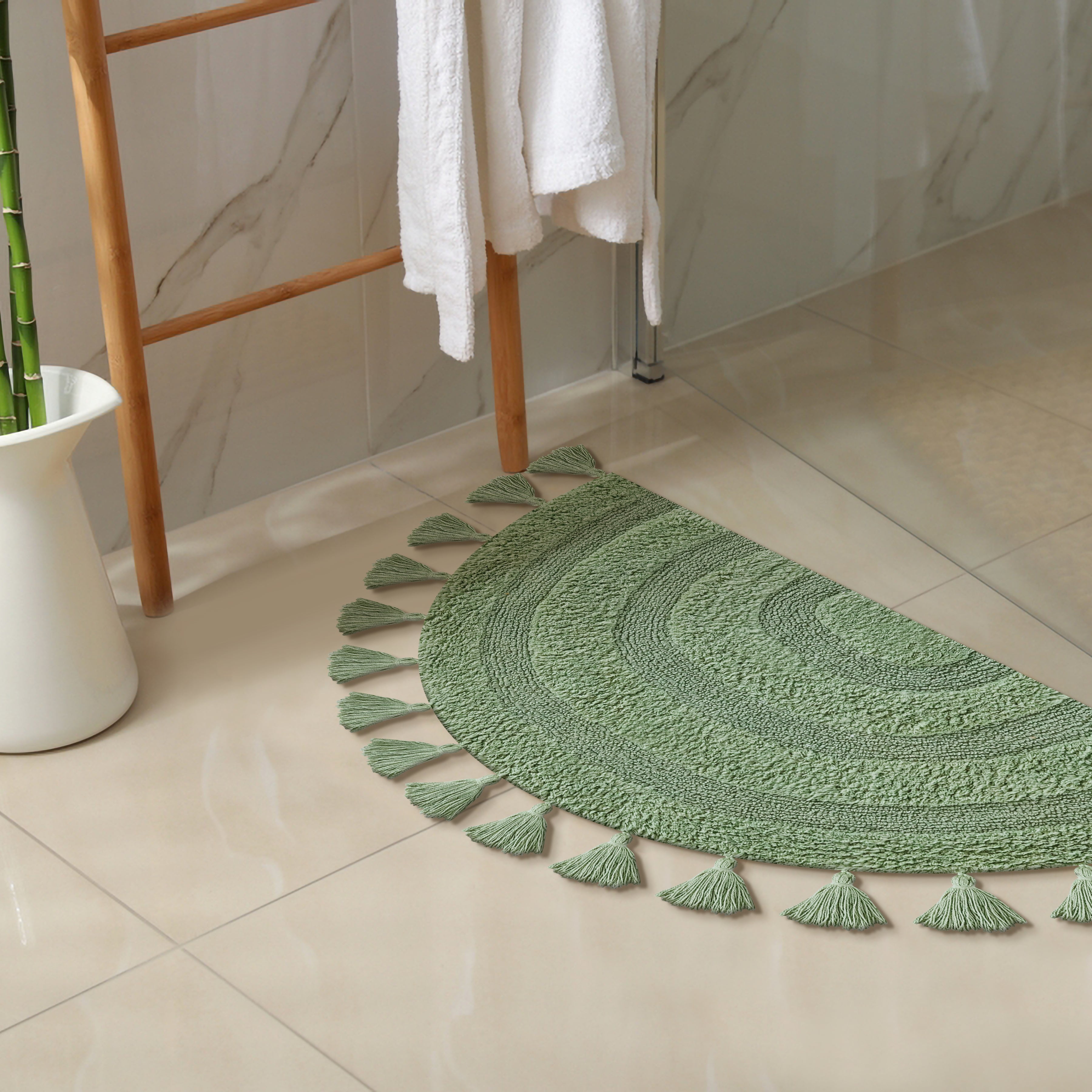 Half Circle Bohemian Bathroom Rug with Handwoven Crochet Border, 22X42 Inches, Green, Beautifully Handcrafted 100% Cotton Mat, Round Boho Bedroom Rug, Boho Bathroom Décor, Machine Washable