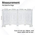 The Wooden Town Foldable Free-Standing Pet Gate, 4-Panel Wooden Dog Barrier, Hand-Carved Solid Wood & MDF, White Finish, 56" W x 28" H