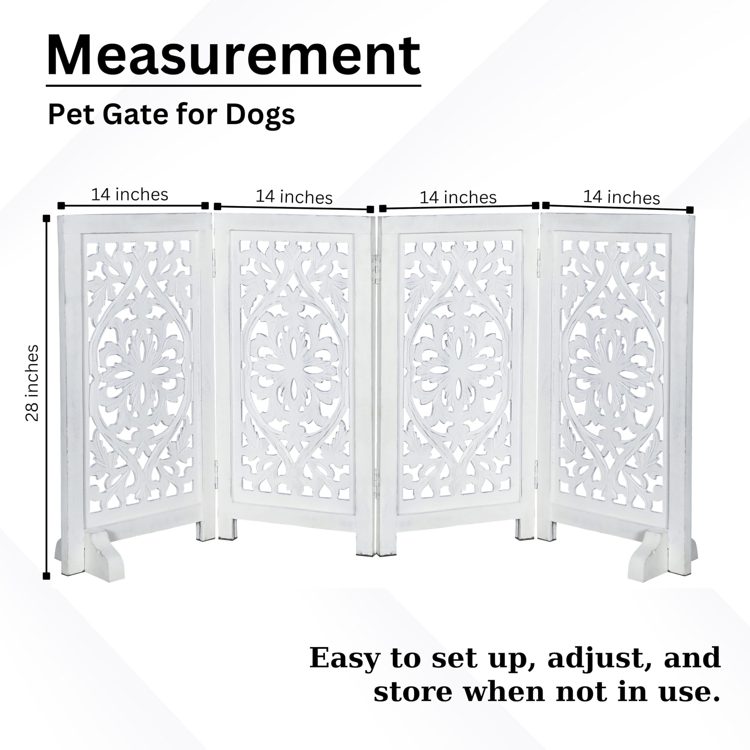 The Wooden Town Foldable Free-Standing Pet Gate, 4-Panel Wooden Dog Barrier, Hand-Carved Solid Wood & MDF, White Finish, 56" W x 28" H