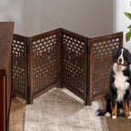The Wooden Town Freestanding Pet Gate for Dogs, Foldable 4-Panel Wooden Dog Gate for Indoor Use, Burnt Finish, 72" W x 18" H