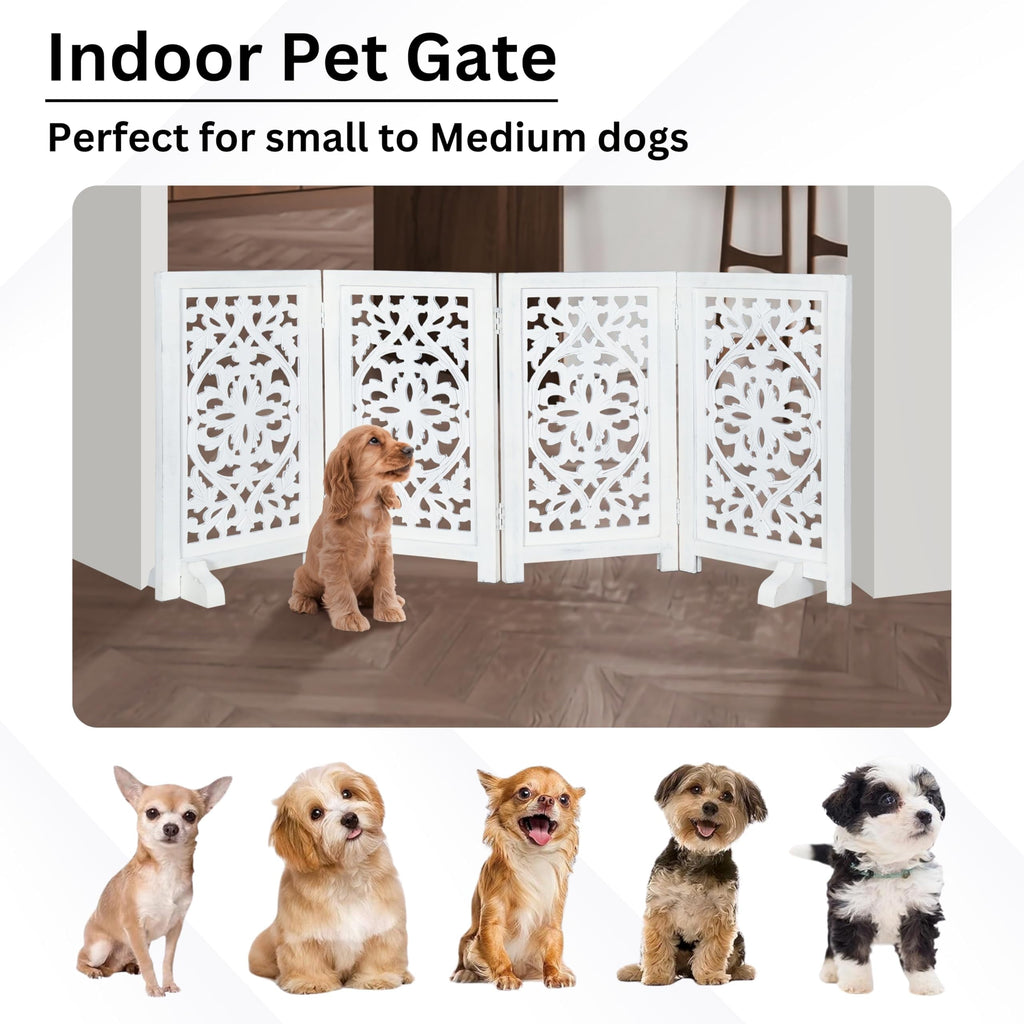 The Wooden Town Foldable Free-Standing Pet Gate, 4-Panel Wooden Dog Barrier, Hand-Carved Solid Wood & MDF, White Finish, 56" W x 28" H