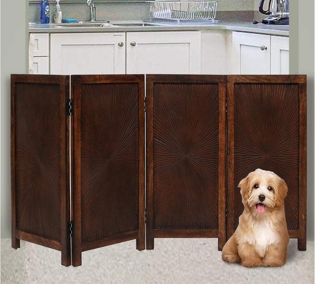 The Wooden Town Foldable Indoor Pet Gate, Free-Standing 4-Panel Dog Barrier, Hand-Carved Solid Wood & MDF, Burnt Finish, 56" W x 28" H