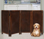 The Wooden Town Foldable Indoor Pet Gate, Free-Standing 4-Panel Dog Barrier, Hand-Carved Solid Wood & MDF, Burnt Finish, 56" W x 28" H