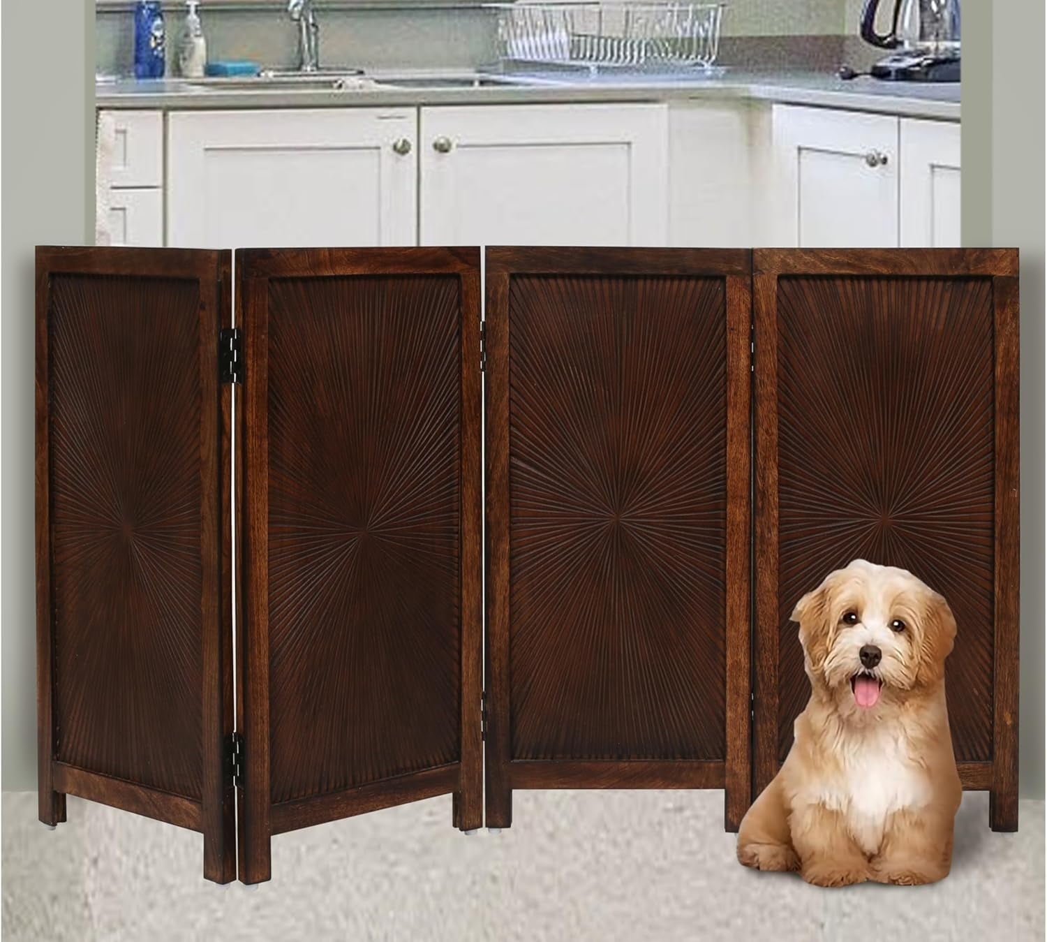 The Wooden Town Foldable Indoor Pet Gate, Free-Standing 4-Panel Dog Barrier, Hand-Carved Solid Wood & MDF, Burnt Finish, 56" W x 28" H