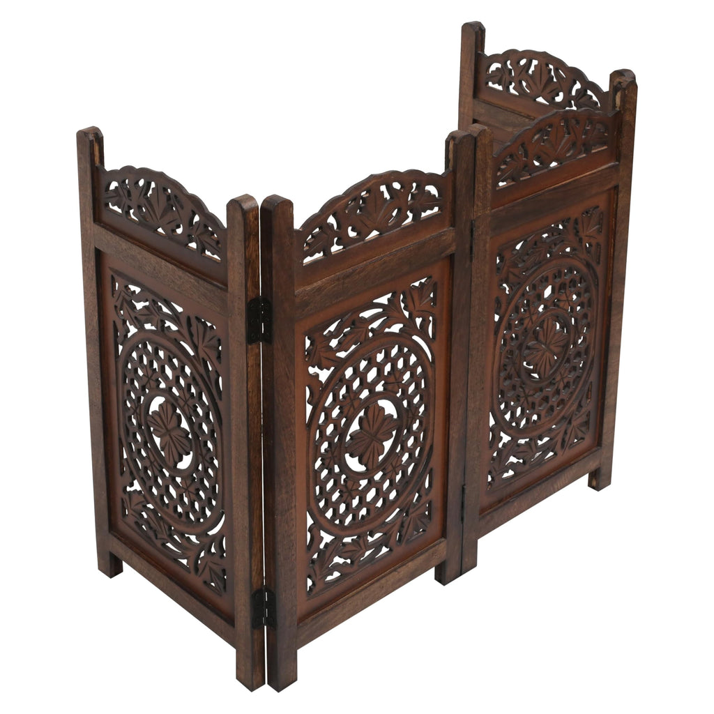 The Wooden Town Raised Wood Pet Gate, Foldable 4-Panel Freestanding Dog Gate, Hand-Carved Solid Wood & MDF, Burnt Finish, 56" W x 28" H
