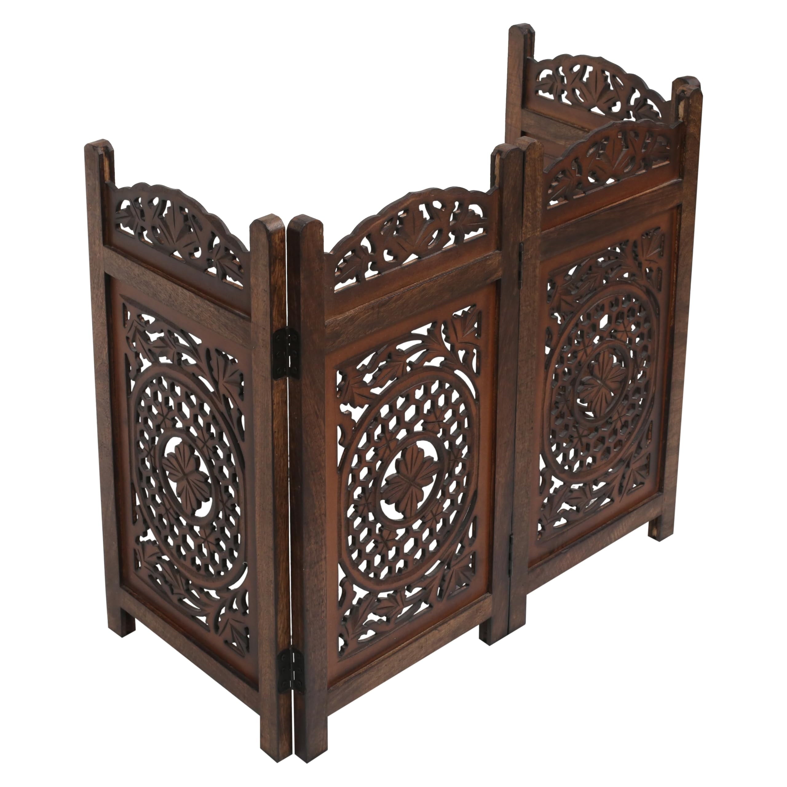 The Wooden Town Raised Wood Pet Gate, Foldable 4-Panel Freestanding Dog Gate, Hand-Carved Solid Wood & MDF, Burnt Finish, 56" W x 28" H
