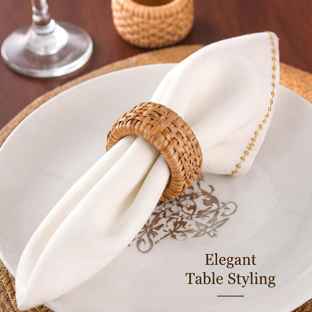 Woven Cane Napkin Rings for Table Settings,Textured Cane Napkin Holder Set of 6, Boho Chic Dining Beach House Decor & Chic Dining Accessory (Brown) - ALPHA Living HOME