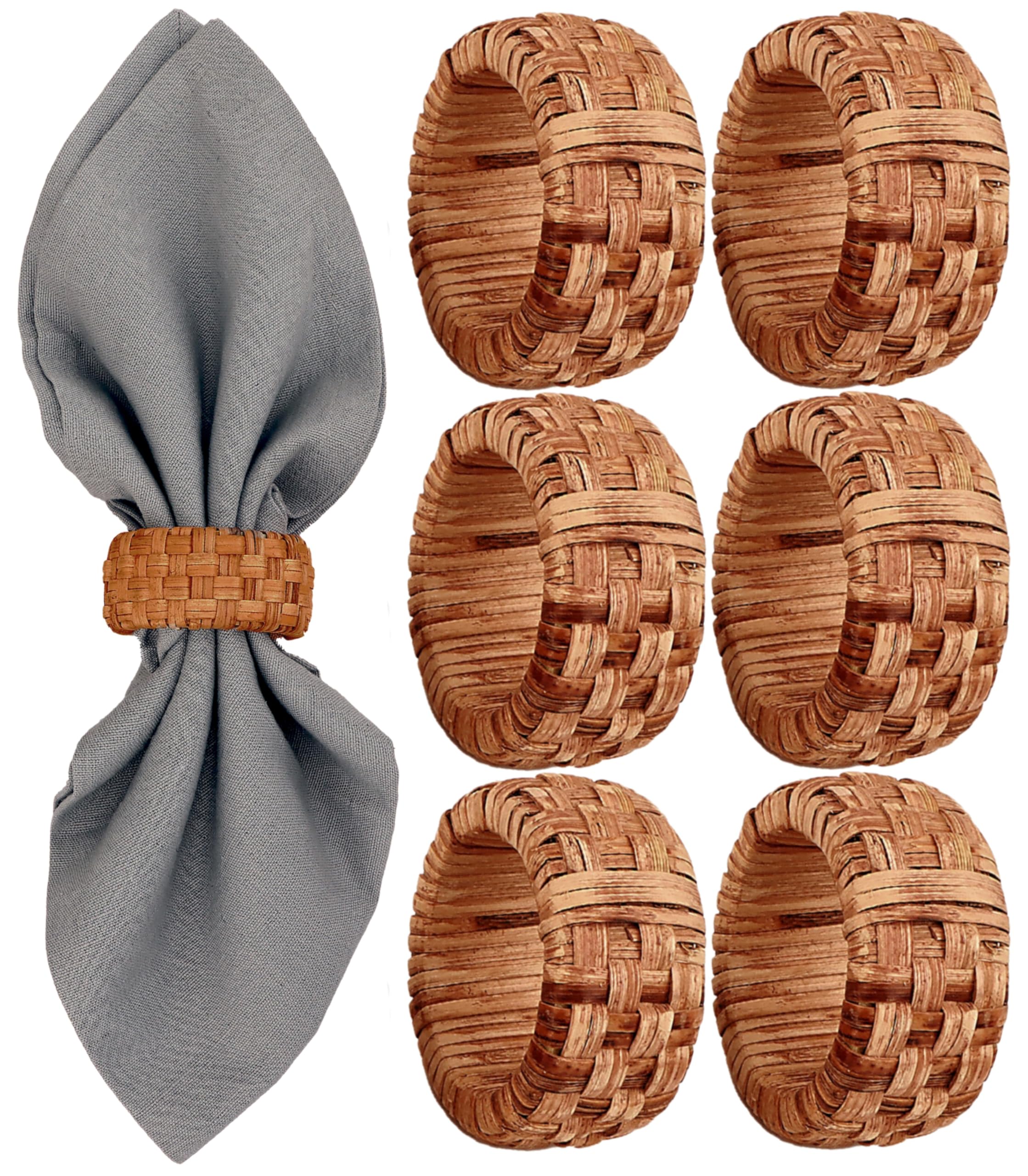 Alpha Living Home Rattan Woven Napkin Rings, Brown, Set of 6