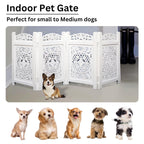 The Wooden Town Raised Wood Pet Gate, Foldable 4-Panel Freestanding Dog Gate, Hand-Carved Solid Wood & MDF, Antique White, 56" W x 28" H