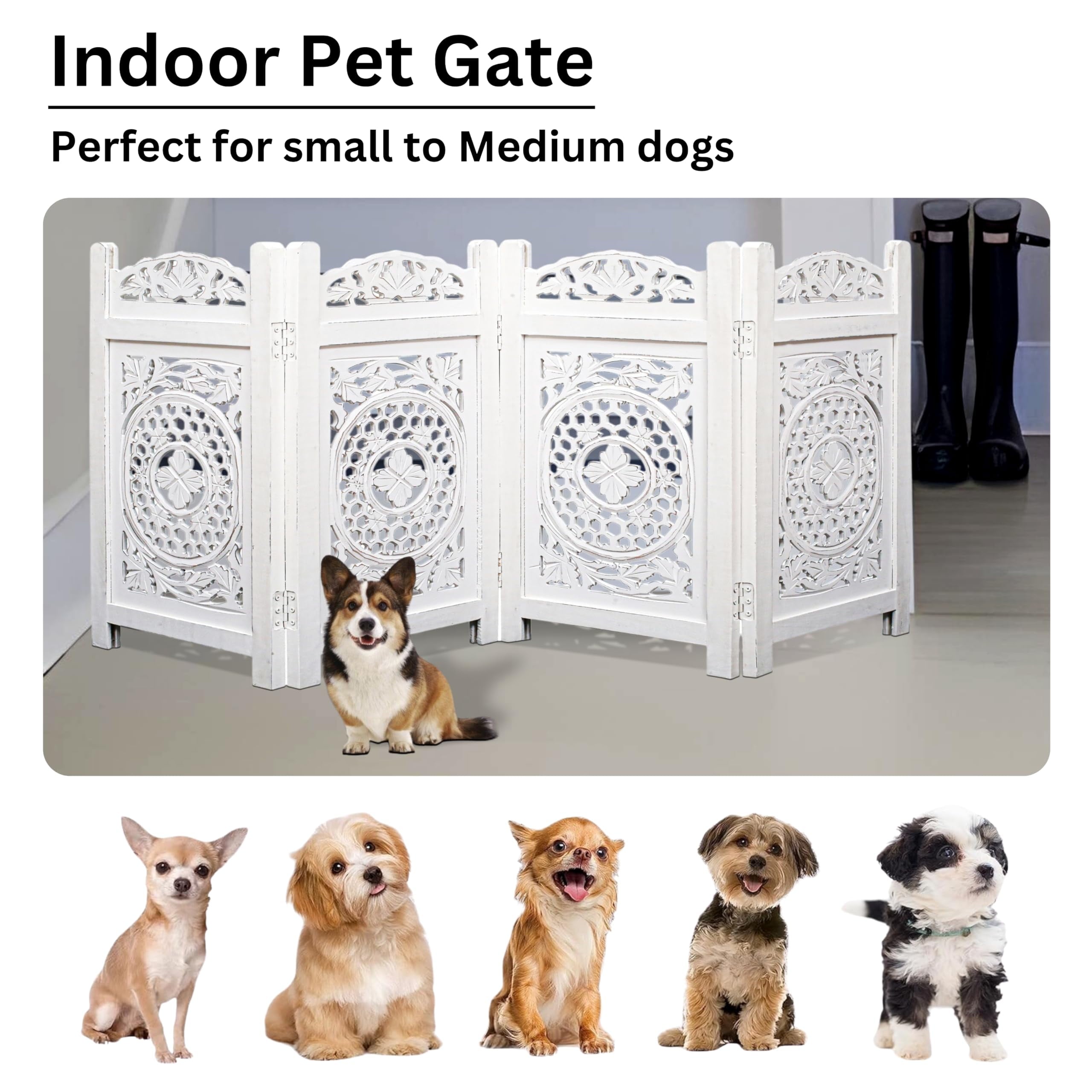 The Wooden Town Raised Wood Pet Gate, Foldable 4-Panel Freestanding Dog Gate, Hand-Carved Solid Wood & MDF, Antique White, 56" W x 28" H