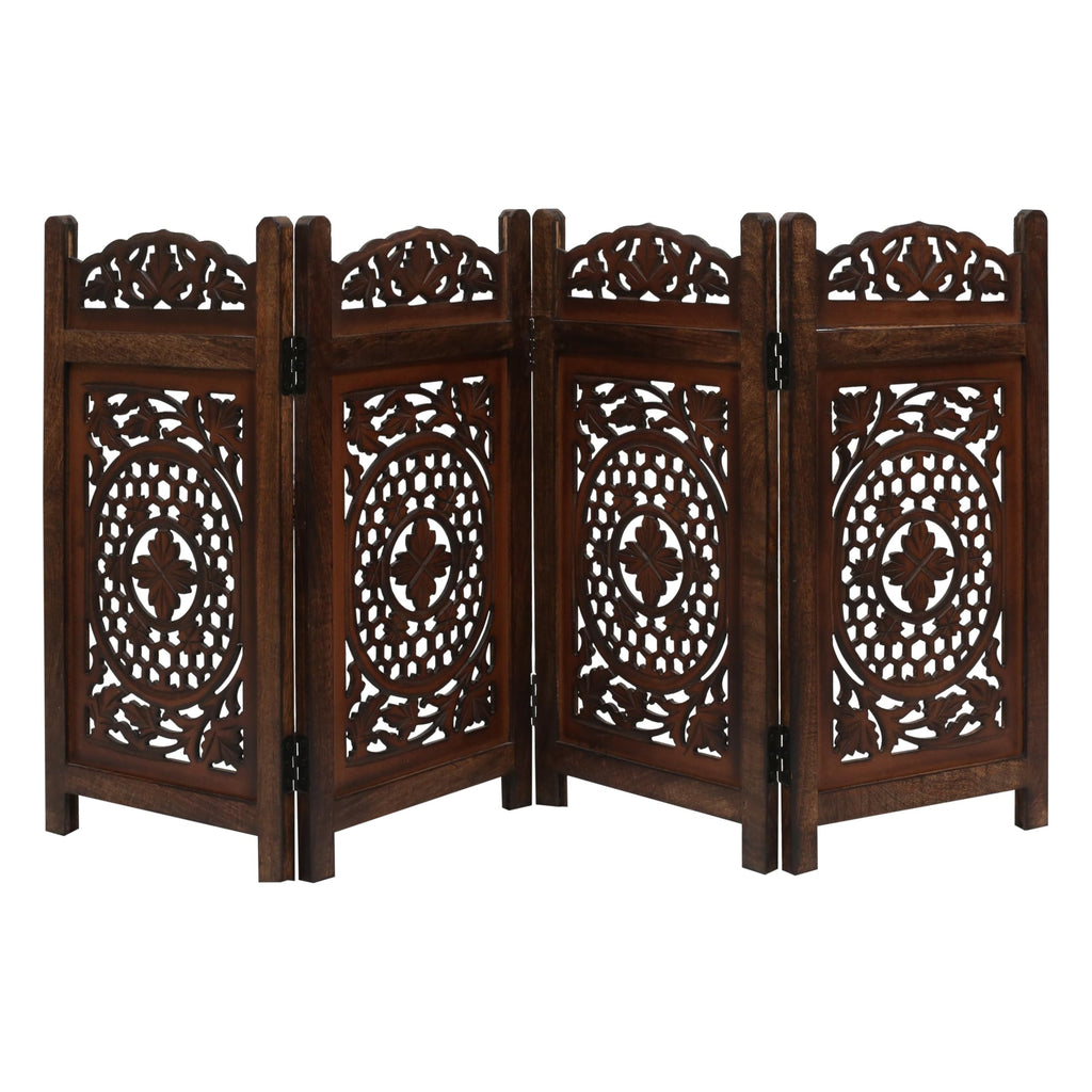 The Wooden Town Raised Wood Pet Gate, Foldable 4-Panel Freestanding Dog Gate, Hand-Carved Solid Wood & MDF, Burnt Finish, 56" W x 28" H