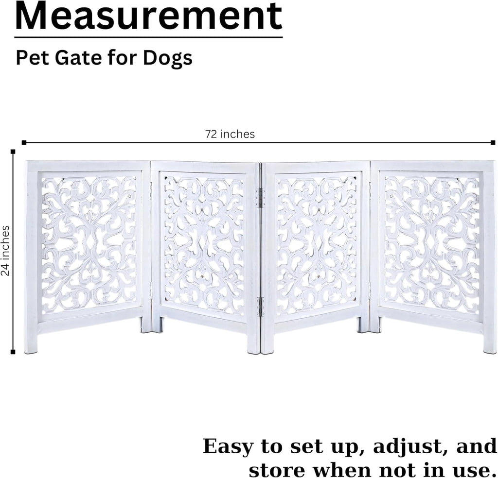 The Wooden Town Freestanding Dog Gate, Foldable 4-Panel Wooden Pet Gate for Doorways, Hallways & Stairs, Antique White, 72" W x 24" H