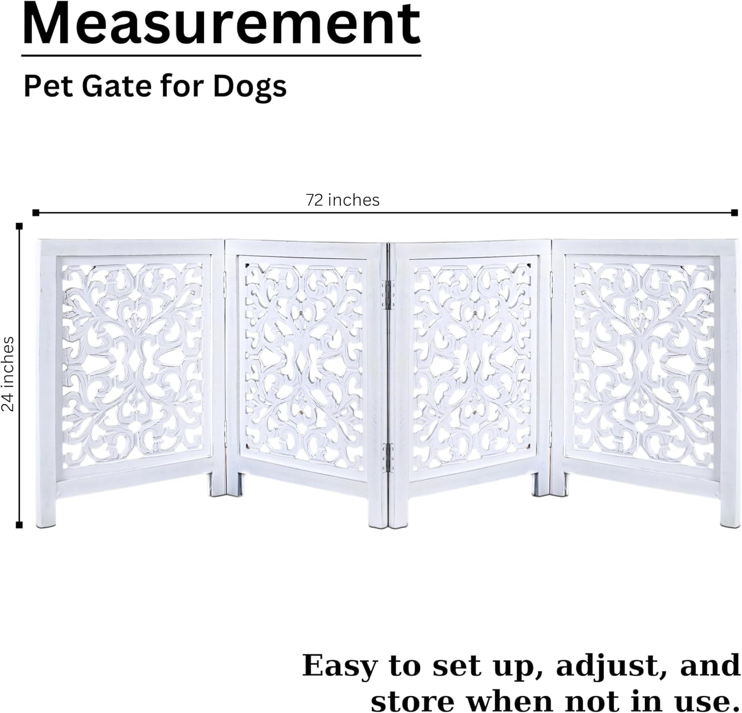 The Wooden Town Freestanding Dog Gate, Foldable 4-Panel Wooden Pet Gate for Doorways, Hallways & Stairs, Antique White, 72" W x 24" H
