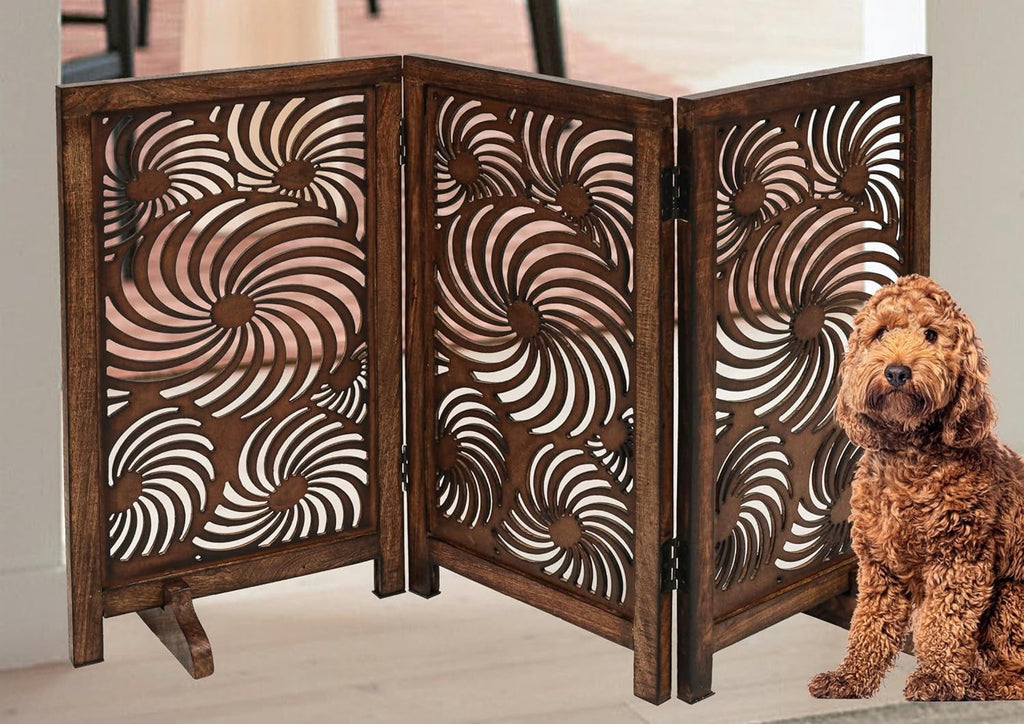 The Wooden Town Foldable 3-Panel Wooden Dog Gate with Sunflower Design, Freestanding Indoor Pet Barrier, Burnt Finish, 48" Wide