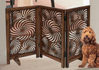 The Wooden Town Foldable 3-Panel Wooden Dog Gate with Sunflower Design, Freestanding Indoor Pet Barrier, Burnt Finish, 48" Wide