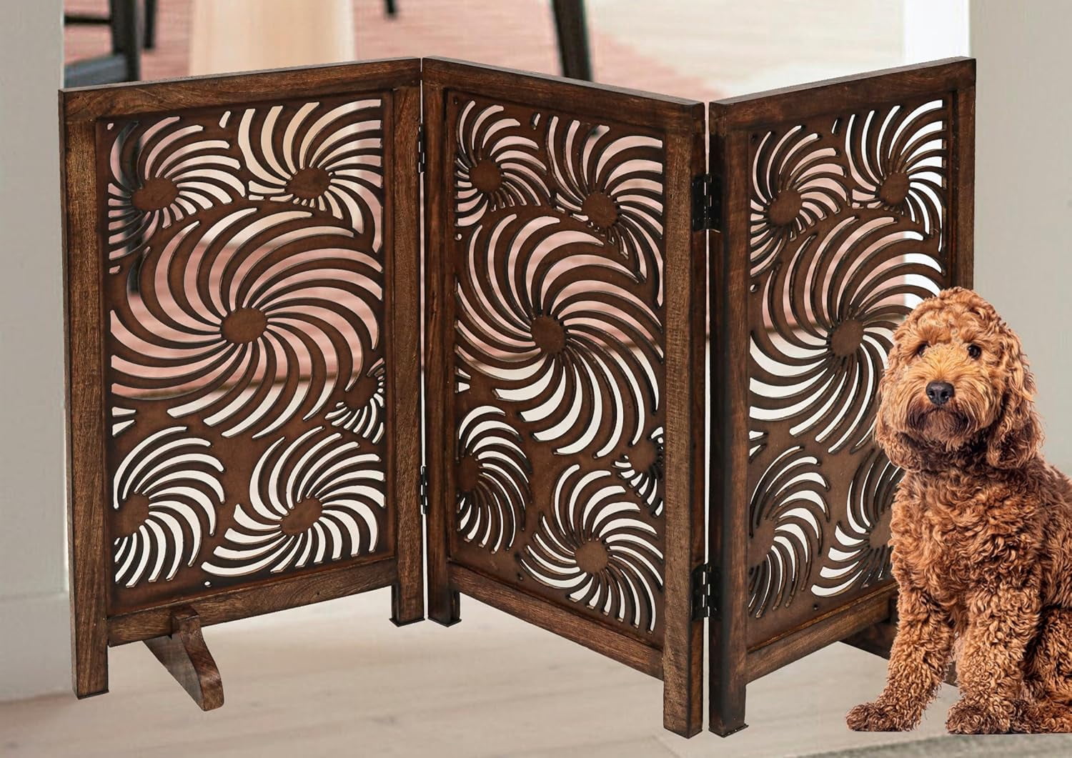 The Wooden Town Foldable 3-Panel Wooden Dog Gate with Sunflower Design, Freestanding Indoor Pet Barrier, Burnt Finish, 48" Wide