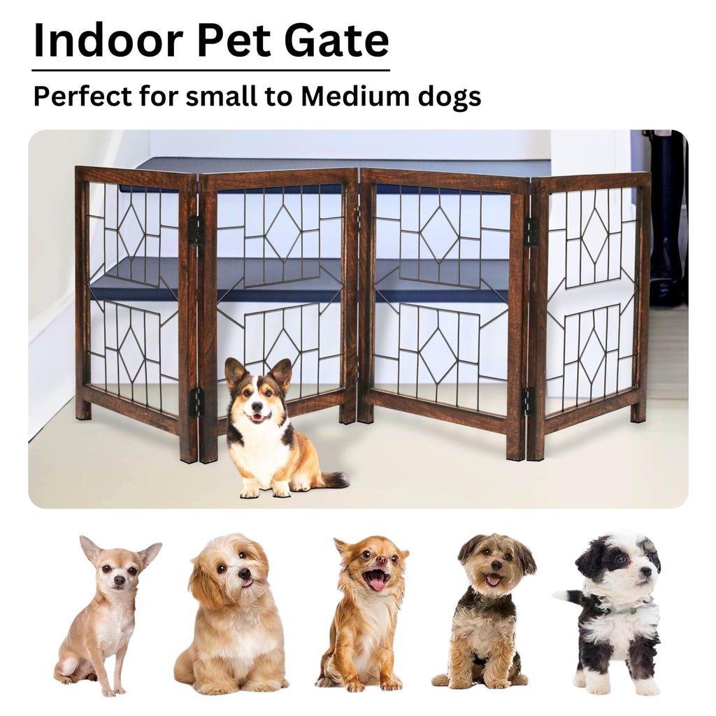 The Wooden Town Foldable Indoor Dog Gate, 4-Panel Freestanding Pet Gate with Arrow Pattern, Burnt Finish, 72" W x 18" H