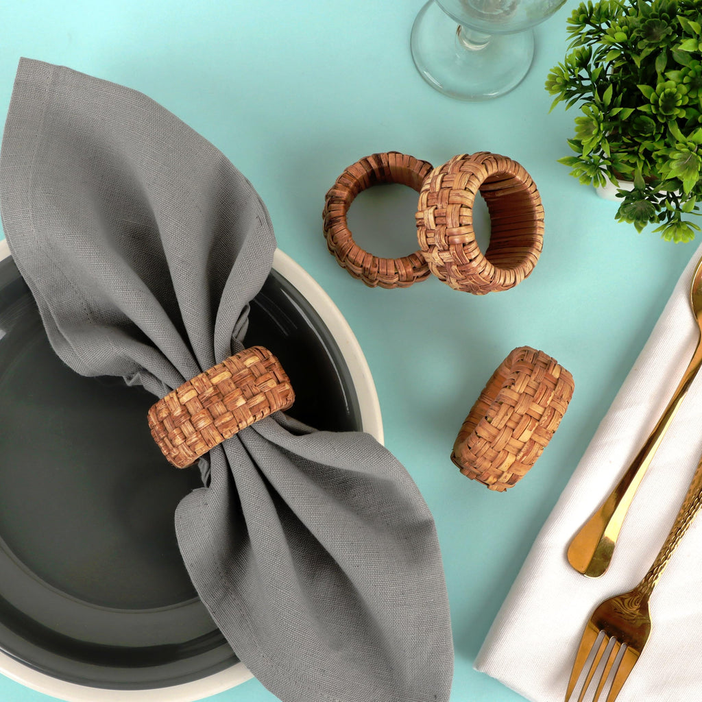Alpha Living Home Rattan Woven Napkin Rings, Brown, Set of 6