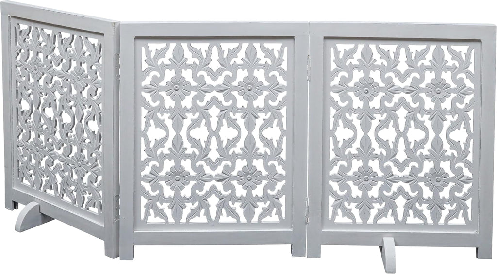 The Wooden Town Foldable 3-Panel Wooden Dog Gate with Flower Design, Freestanding Indoor Pet Barrier, White Antique, 54" Wide