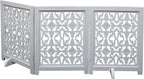 The Wooden Town Foldable 3-Panel Wooden Dog Gate with Flower Design, Freestanding Indoor Pet Barrier, White Antique, 54" Wide