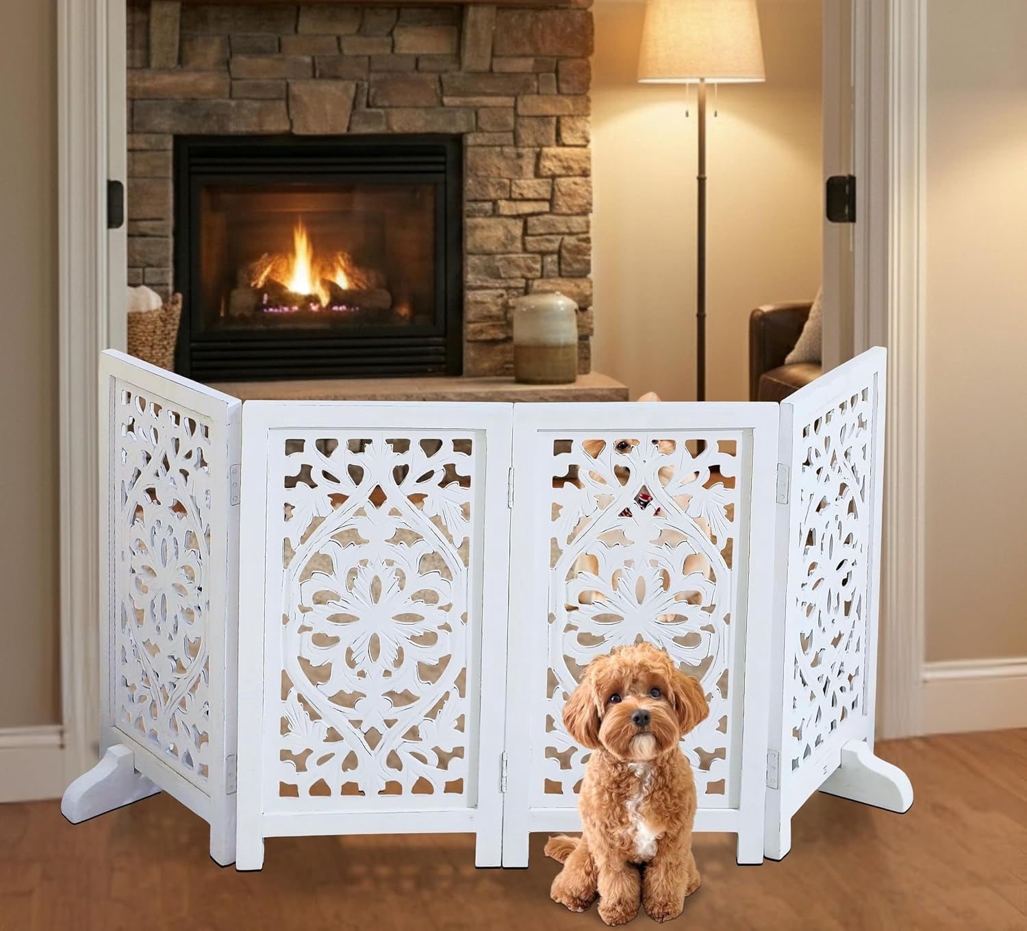 The Wooden Town Foldable Free-Standing Pet Gate, 4-Panel Wooden Dog Barrier, Hand-Carved Solid Wood & MDF, White Finish, 56" W x 28" H