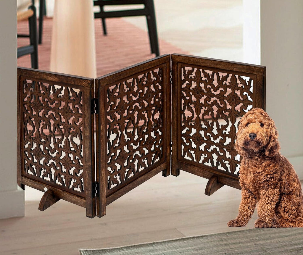 The Wooden Town Foldable 3-Panel Wooden Dog Gate with Flower Design, Freestanding Indoor Pet Barrier, Burnt Finish, 54" Wide