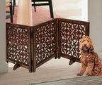 The Wooden Town Foldable 3-Panel Wooden Dog Gate with Flower Design, Freestanding Indoor Pet Barrier, Burnt Finish, 54" Wide