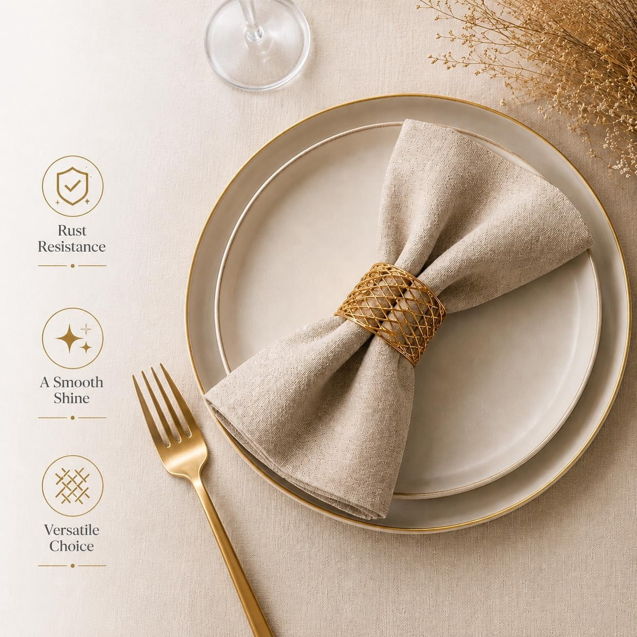 ALPHA Living HOME Gold Napkin Rings 12 Set of Premium 100% Metal, Rust-Resistant Tabletop Décor - Napkin Holders Buckles for Family Dinner, Wedding, Party, Decorations, Banquet, Party, Easter