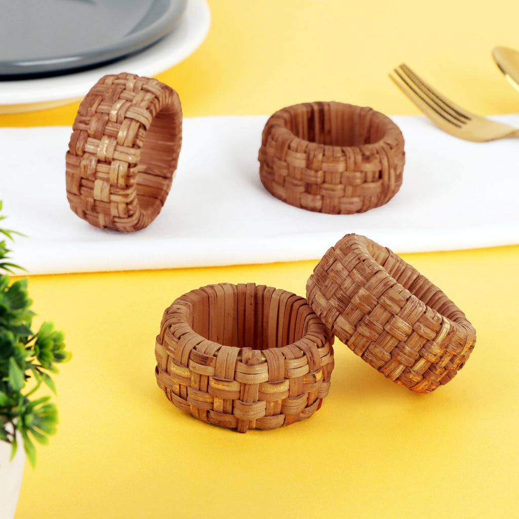 Alpha Living Home Rattan Woven Napkin Rings, Brown, Set of 6