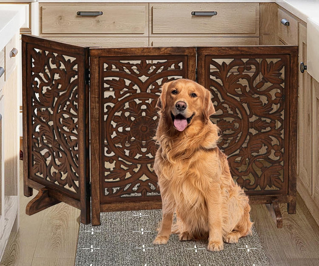 The Wooden Town Foldable 3-Panel Wooden Dog Gate with Circle Design, Freestanding Indoor Pet Barrier for Doorways & Stairs, Burnt Finish, 48" Wide