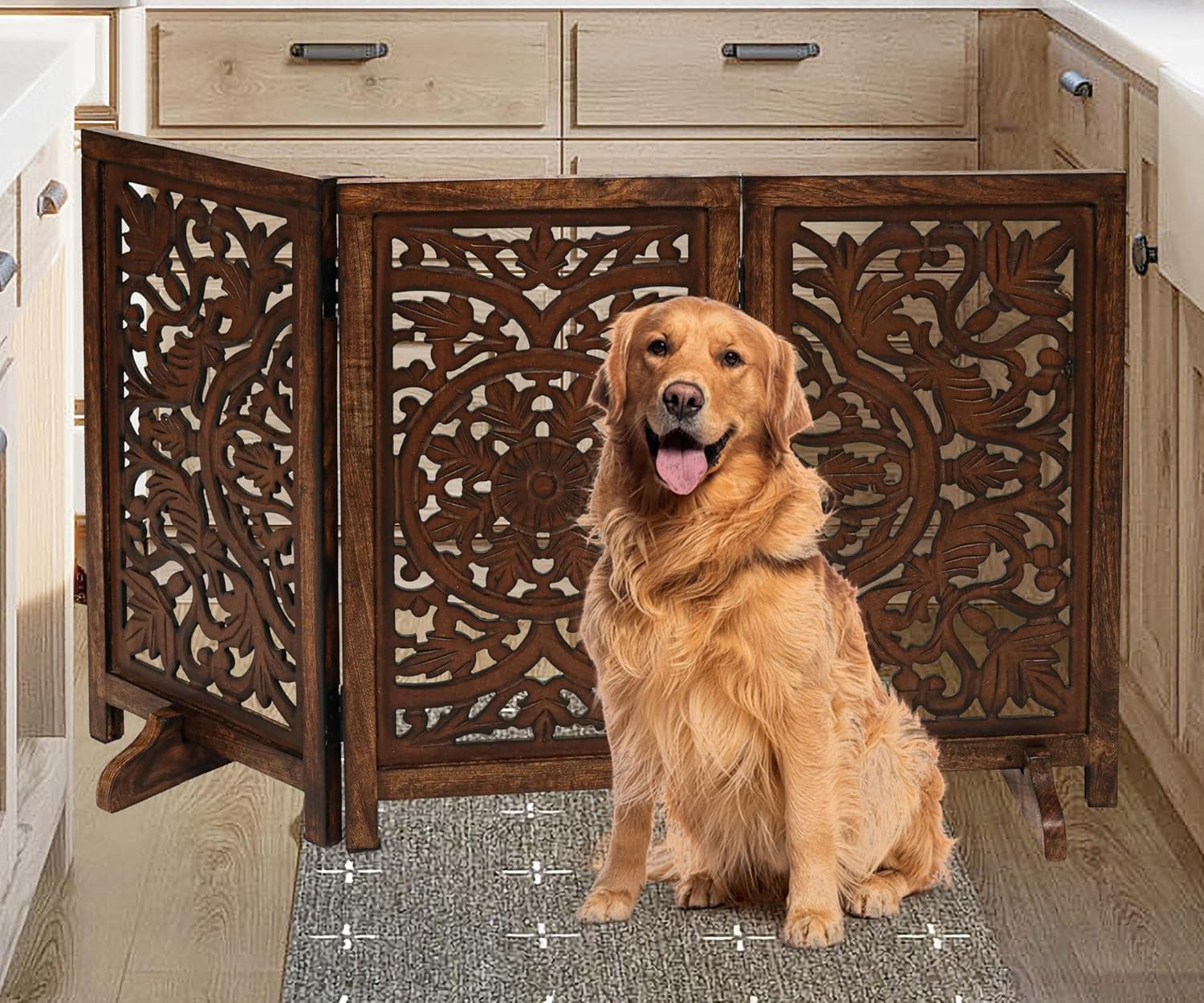 The Wooden Town Foldable 3-Panel Wooden Dog Gate with Circle Design, Freestanding Indoor Pet Barrier for Doorways & Stairs, Burnt Finish, 48" Wide