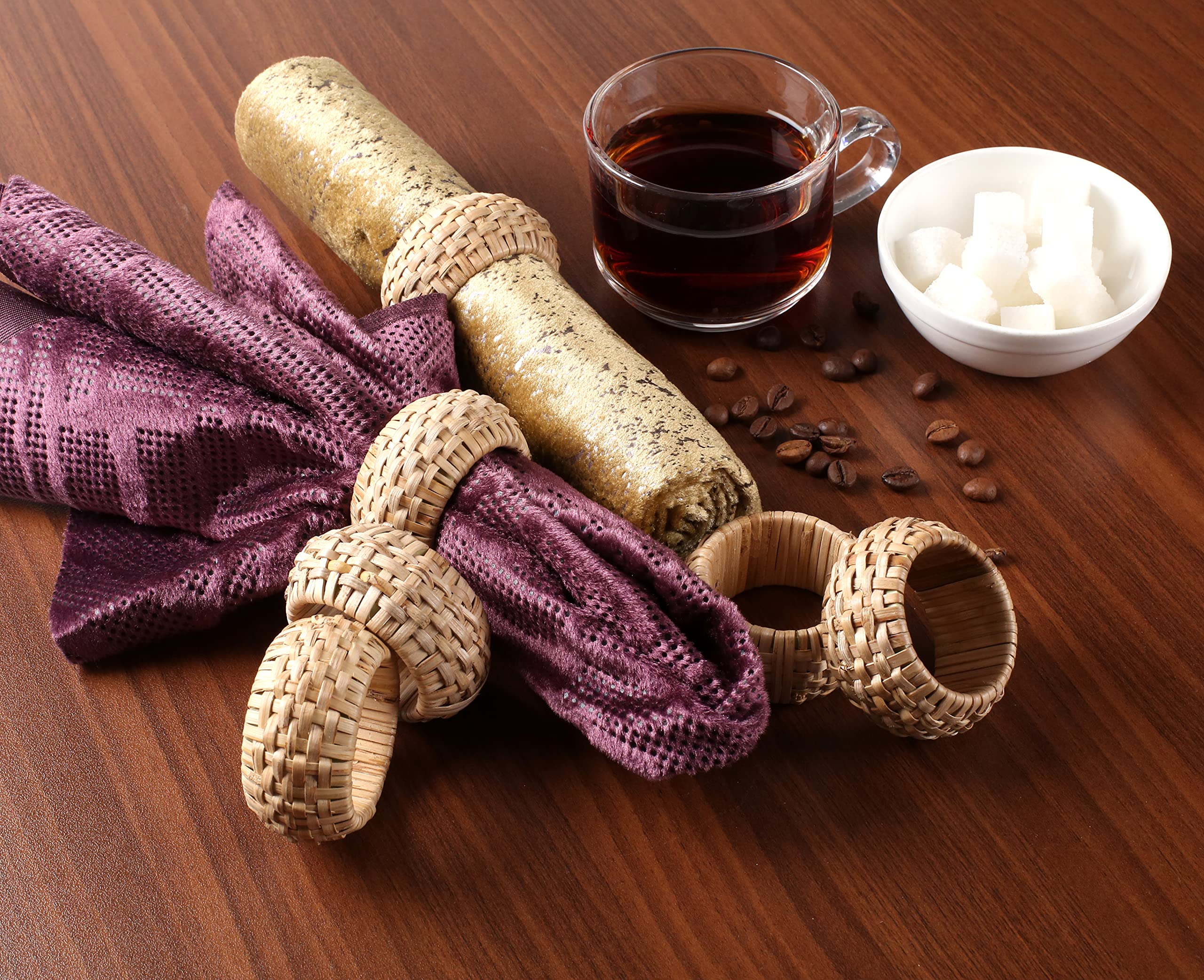 Natural Cane Napkin Rings Set of 8, Handwoven Table Decor, Bohemian Coastal Napkin Holders for Rustic Dining & Tropical Vibes - Sleek for Everyday Use (Brown) - ALPHA Living HOME