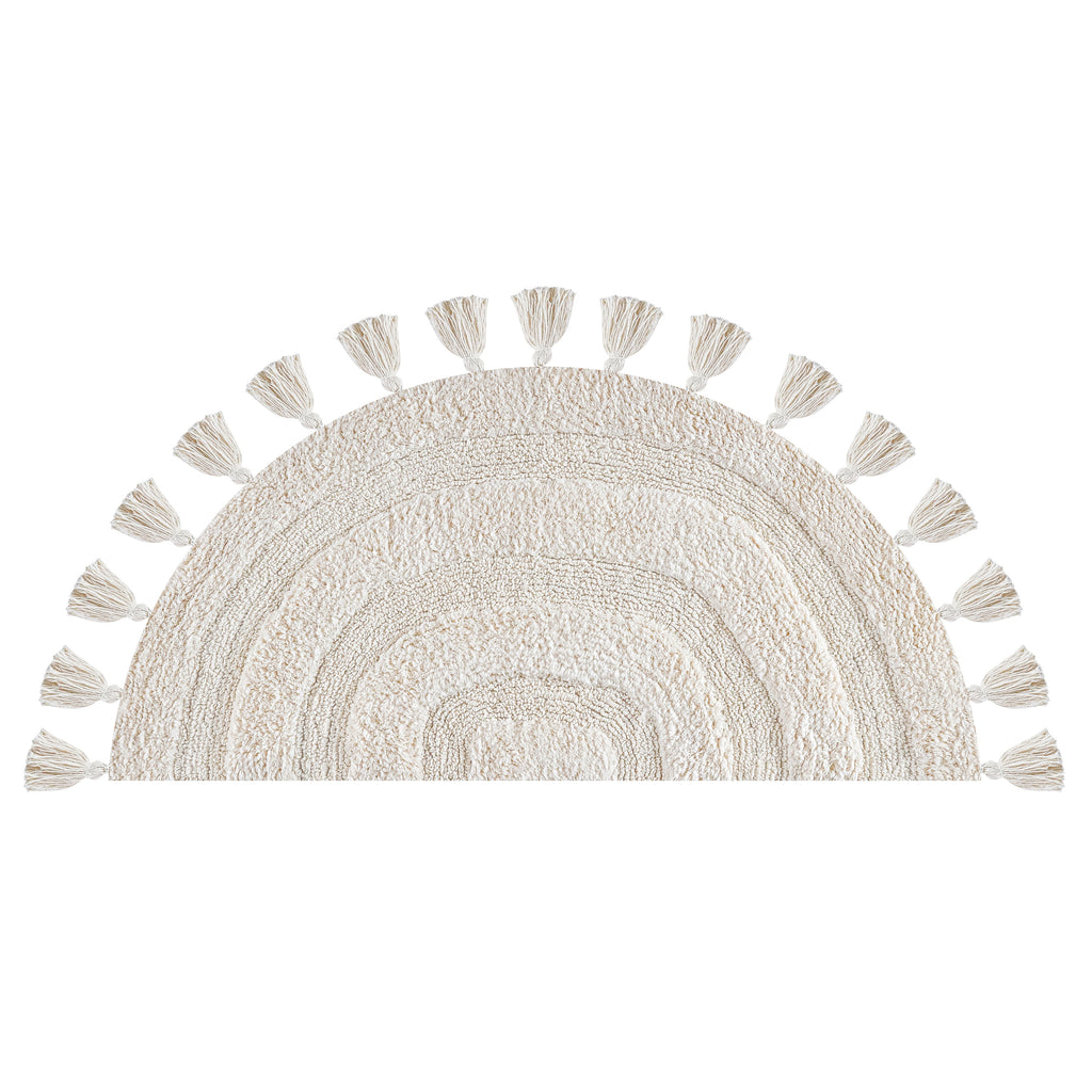 Half Circle Bohemian Bathroom Rug with Handwoven Crochet Border, 22X42 Inches, Ivory, Beautifully Handcrafted 100% Cotton Mat, Round Boho Bedroom Rug, Boho Bathroom Décor, Machine Washable