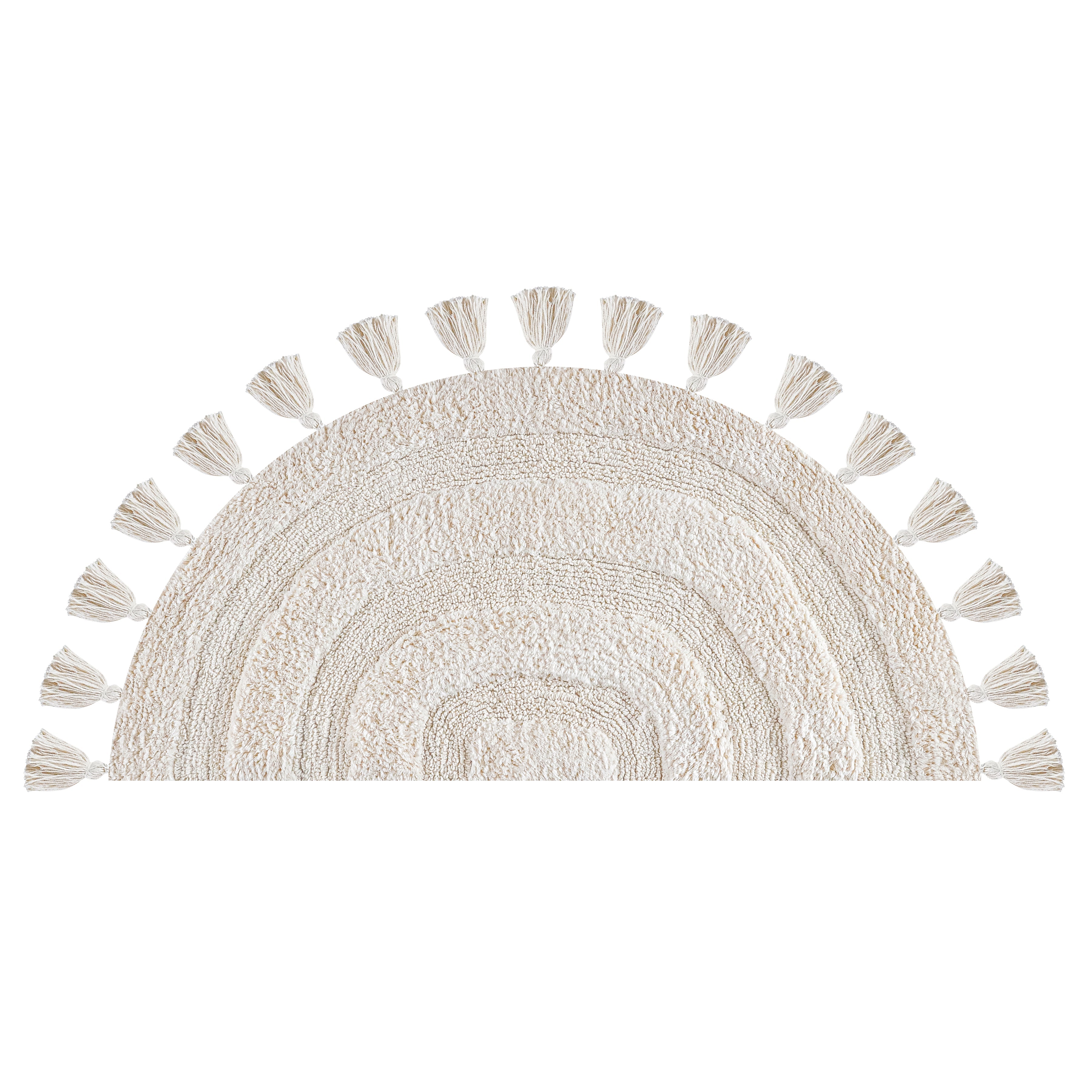 Half Circle Bohemian Bathroom Rug with Handwoven Crochet Border, 22X42 Inches, Ivory, Beautifully Handcrafted 100% Cotton Mat, Round Boho Bedroom Rug, Boho Bathroom Décor, Machine Washable