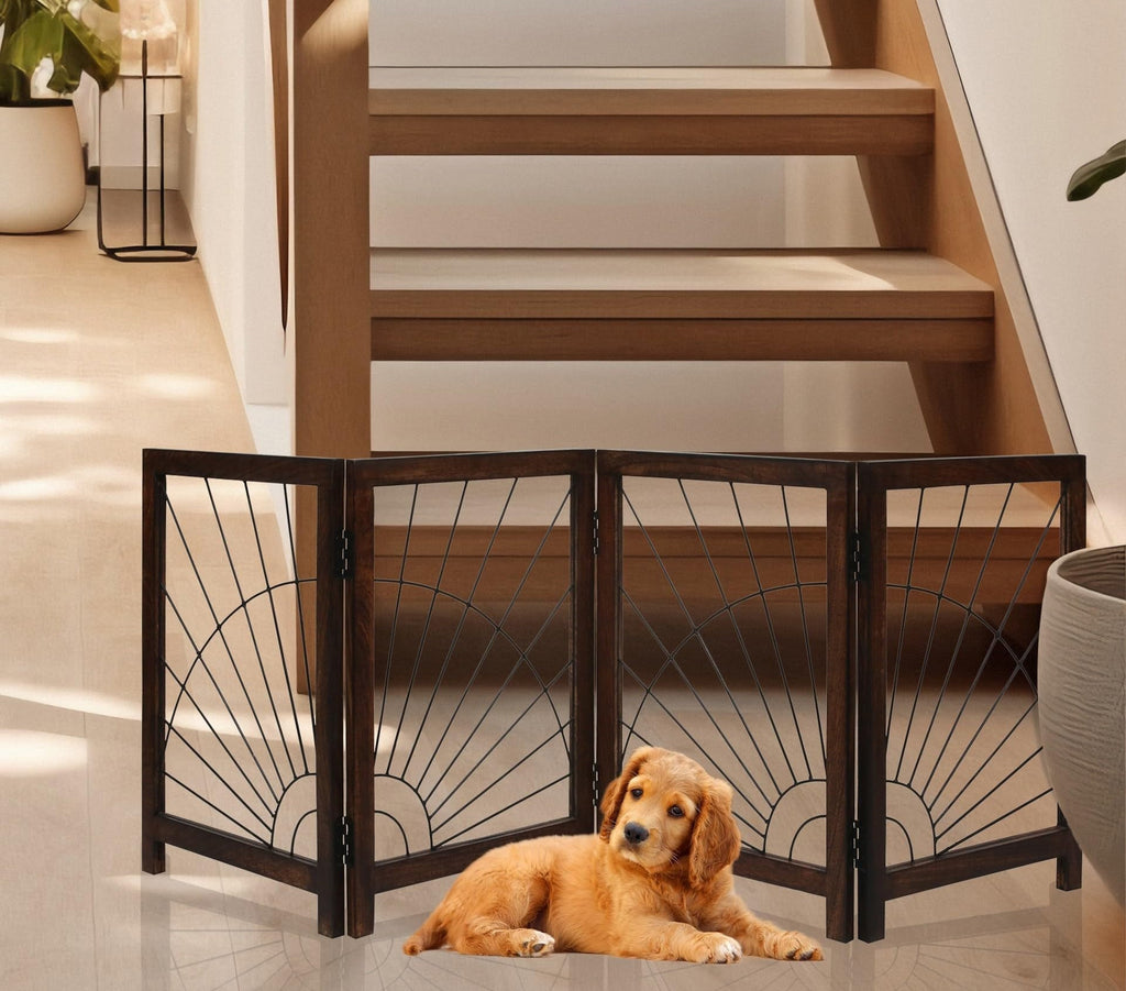 The Wooden Town Foldable Indoor Dog Gate, 4-Panel Freestanding Pet Gate with Sunshine Pattern, Burnt Finish, 72" W x 18" H