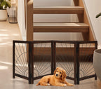 The Wooden Town Foldable Indoor Dog Gate, 4-Panel Freestanding Pet Gate with Sunshine Pattern, Burnt Finish, 72" W x 18" H
