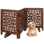 The Wooden Town Freestanding Dog Gate, Foldable 3-Panel Wooden Pet Gate, Hand-Carved Solid Wood & MDF, Burnt Finish, 54" W x 24" H