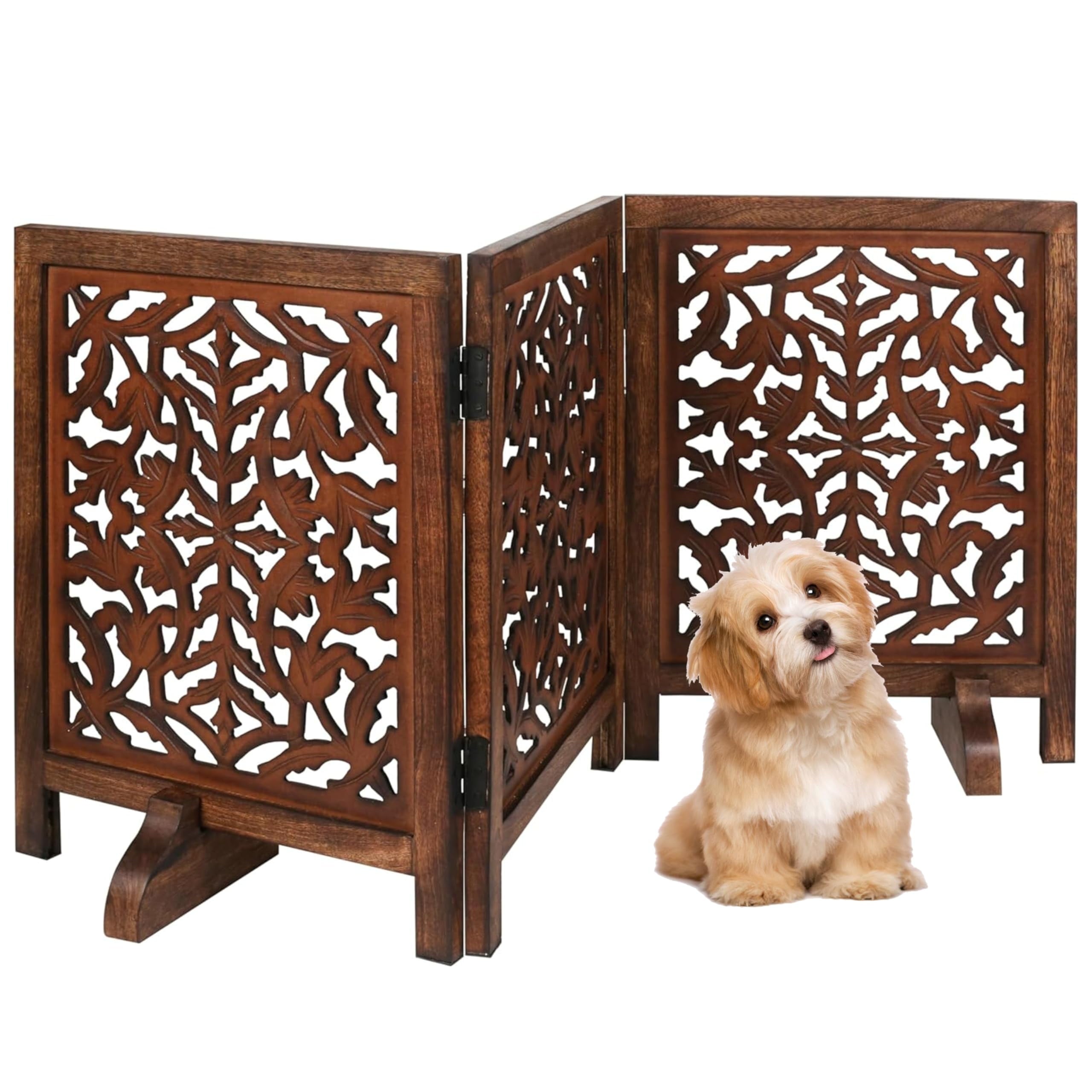 The Wooden Town Freestanding Dog Gate, Foldable 3-Panel Wooden Pet Gate, Hand-Carved Solid Wood & MDF, Burnt Finish, 54" W x 24" H
