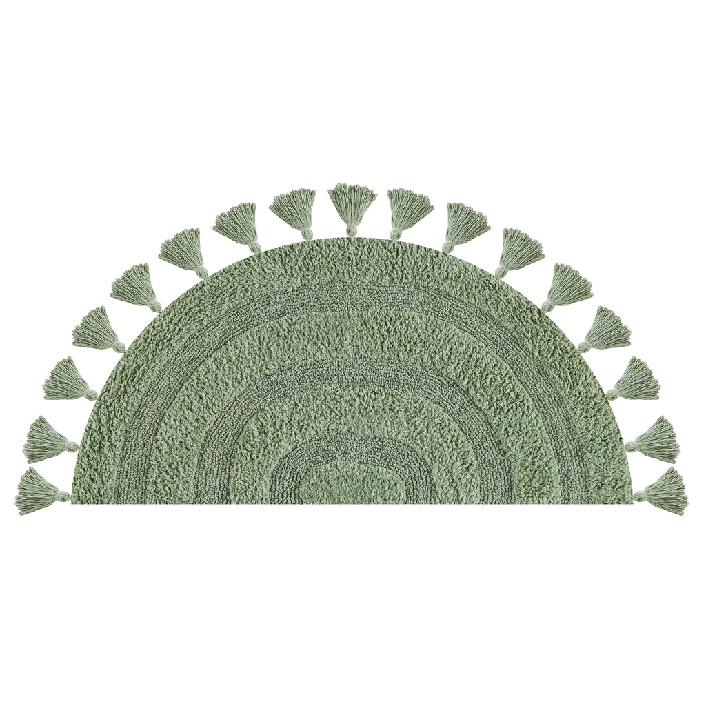 Half Circle Bohemian Bathroom Rug with Handwoven Crochet Border, 22X42 Inches, Green, Beautifully Handcrafted 100% Cotton Mat, Round Boho Bedroom Rug, Boho Bathroom Décor, Machine Washable