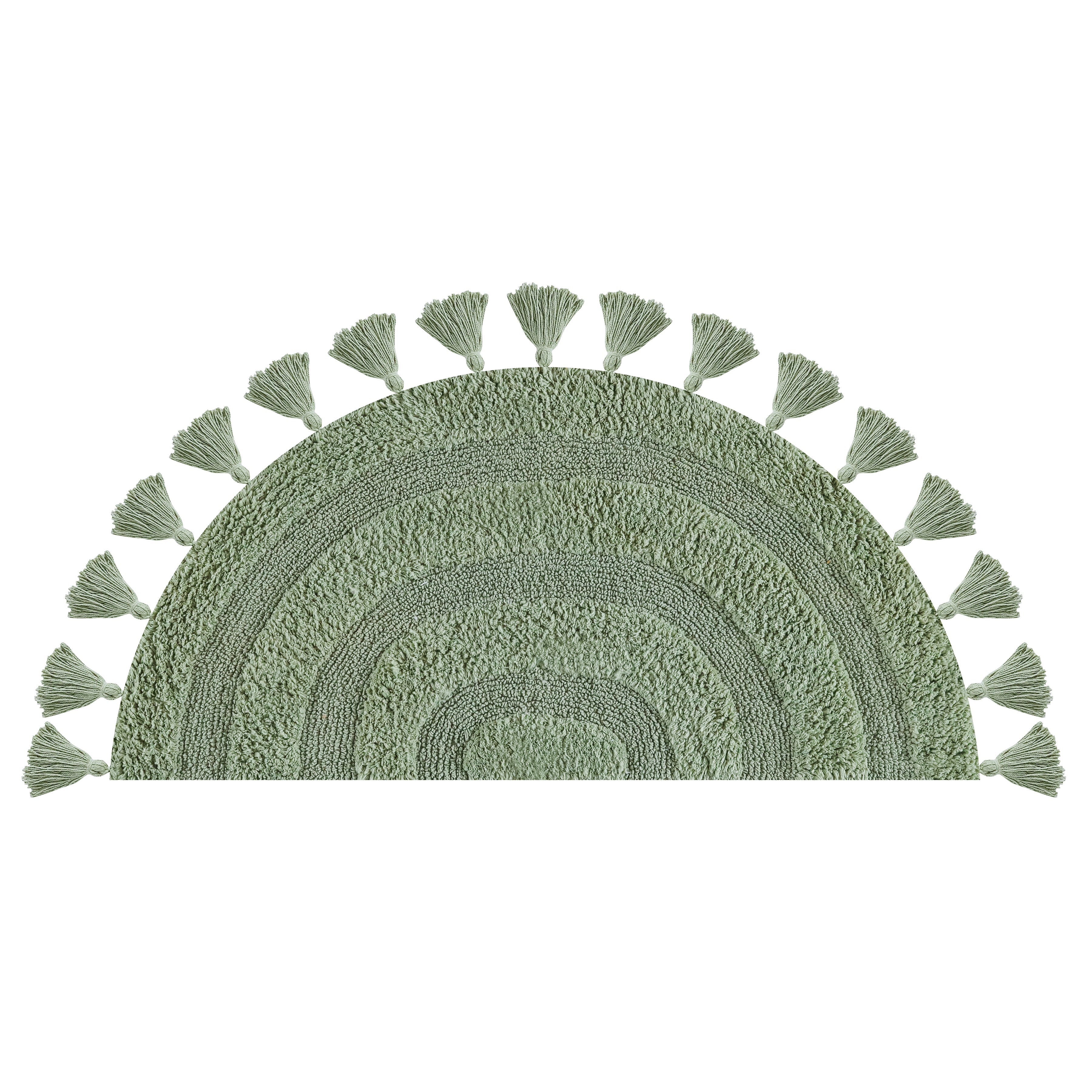 Half Circle Bohemian Bathroom Rug with Handwoven Crochet Border, 22X42 Inches, Green, Beautifully Handcrafted 100% Cotton Mat, Round Boho Bedroom Rug, Boho Bathroom Décor, Machine Washable