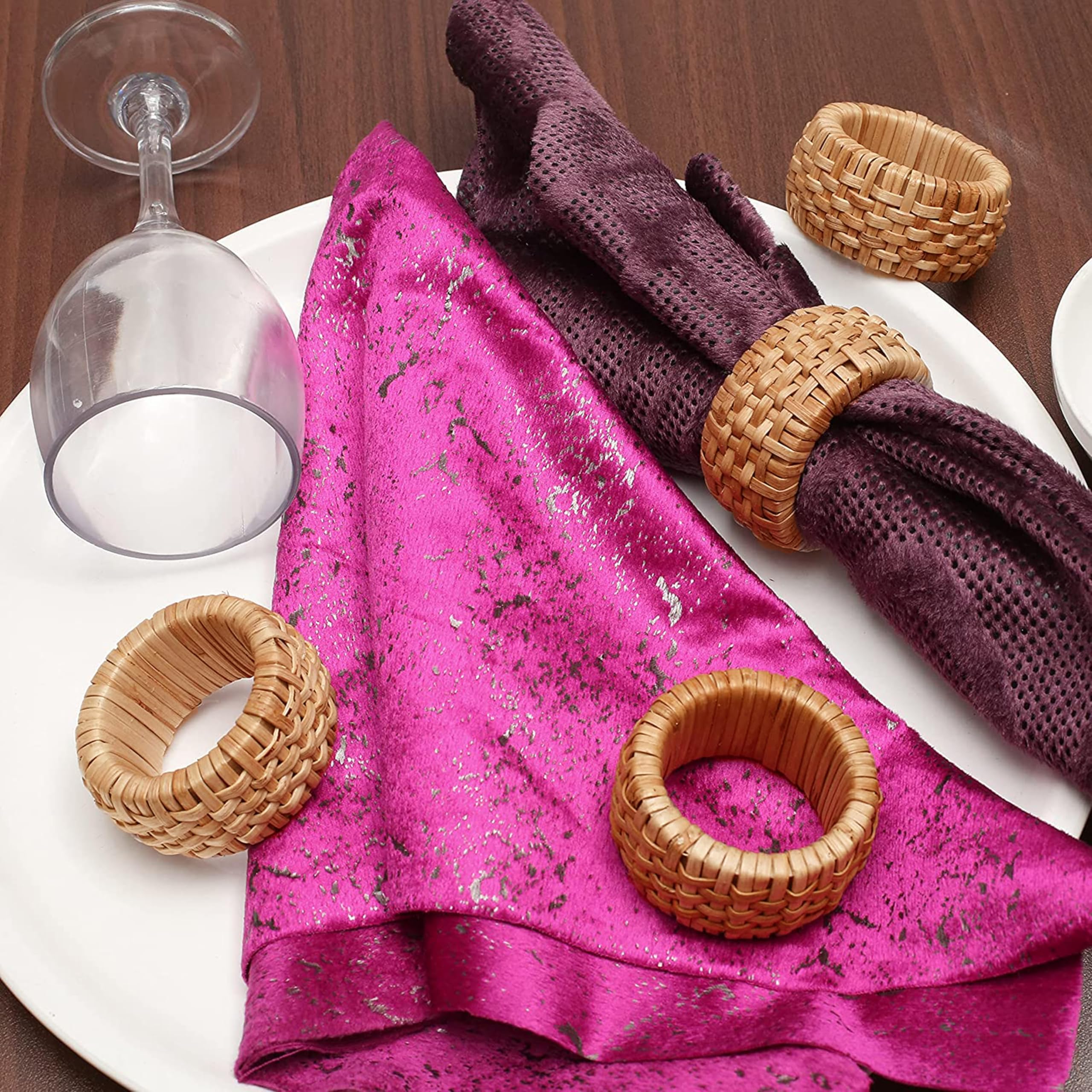 Woven Cane Napkin Rings for Table Settings,Textured Cane Napkin Holder Set of 8, Boho Chic Dining Beach House Decor & Chic Dining Accessory (Brown) - ALPHA Living HOME