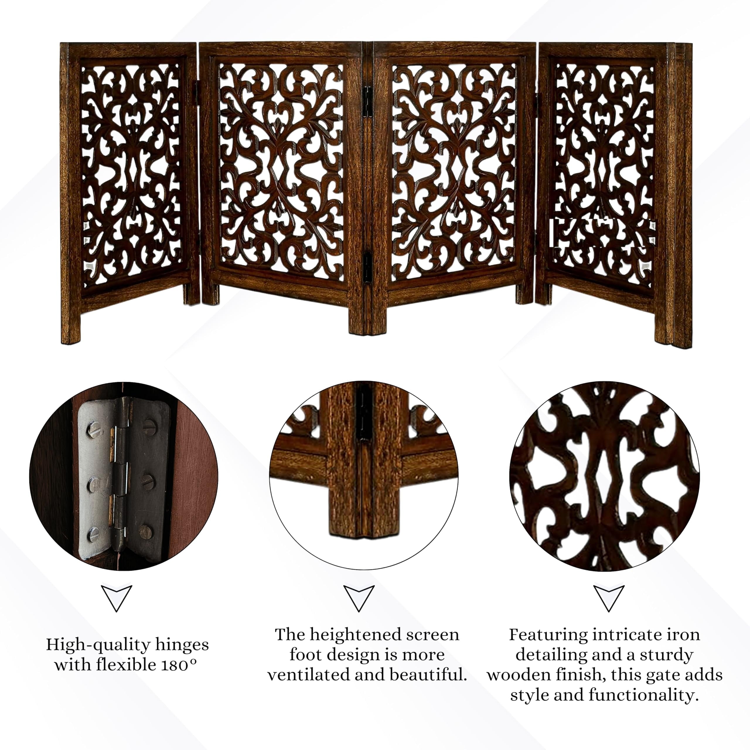 The Wooden Town Freestanding Dog Gate, Foldable 4-Panel Wooden Pet Gate for Indoor Use, Hand-Carved Solid Wood & MDF, Antique Brown, 72" W x 24" H