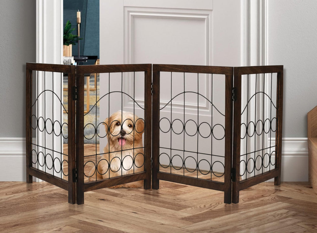 The Wooden Town Foldable Indoor Dog Gate, 4-Panel Freestanding Pet Gate with Circular Design, Burnt Finish, 72" W x 18" H