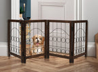 The Wooden Town Foldable Indoor Dog Gate, 4-Panel Freestanding Pet Gate with Circular Design, Burnt Finish, 72" W x 18" H